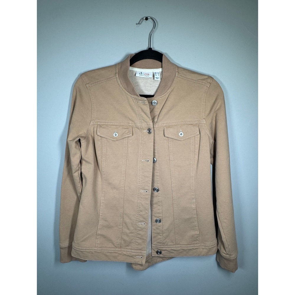 Denim & Co. Womens Tan Khaki Knit Bomber Trucker Jacket Size XS